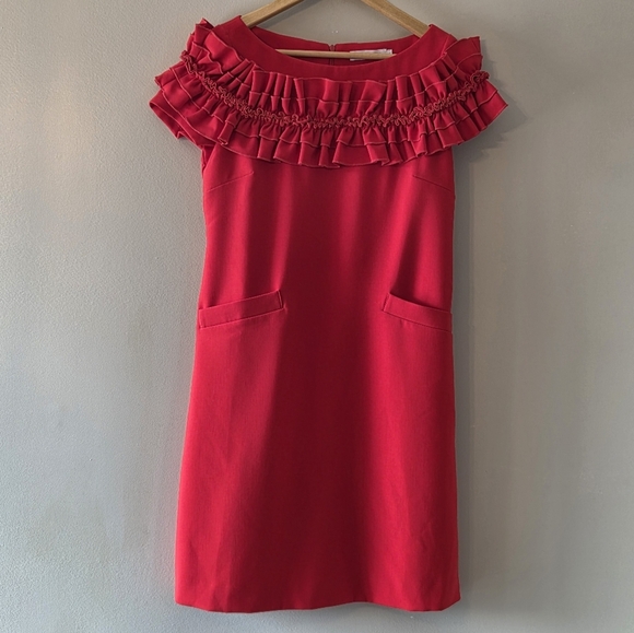 Anne Fontaine Petunia Red A-line Short Sleeve Pockets Dress With Ruffles EU 38 - Picture 8 of 16